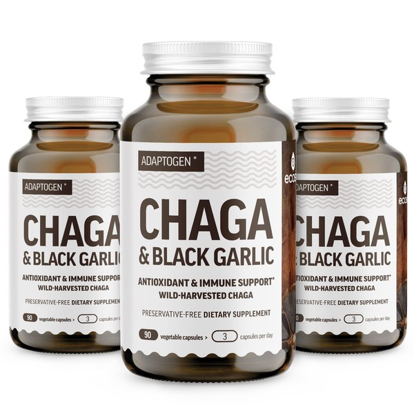 100% Real Wild Chaga Mushroom & Aged Black Garlic Powder Capsules — Antioxidant & Immune Support Supplement | Nordic Forest Chaga Mushrooms with Black Garlic | No Fillers | 1500mg Capsules | 270 ct