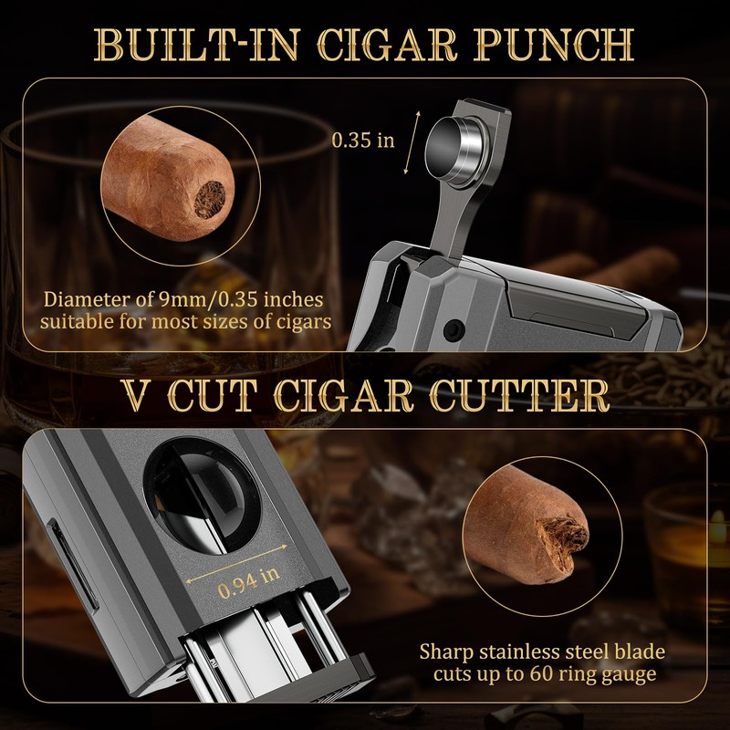 XIFEI 5-in-1 Cigar Lighter with Triple Jet Flame, Refillable Butane