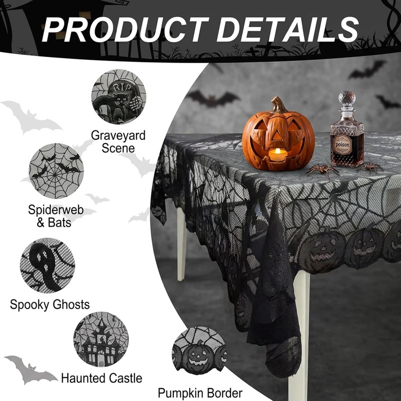 1Pack Halloween Table Cloth, Black Lace Design with Pumpkin Bat