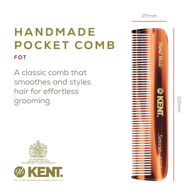 KENT Kent Handmade Coarse/Fine Toothed Styling Pocket Comb, Length-11.2 cm
