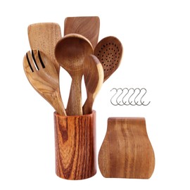 Lacers PurpleLine - 14-Teiliges Kochlöffelset aus Holz | Küchenhelfer für die Küche | Inklusive Holzspachtel, Schaumkelle, Suppenkelle, Salatbesteck, Löffelhalter, Holzablage & Aufhängehaken