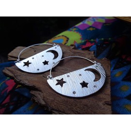 Moon and stars – crystal brushed decorative earrings, side earrings with mini crystals