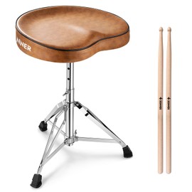 Donner Saddle Drum Throne, Height Adjustable Padded Seat Drum Stool for Adults and Kids, 5A Drumsticks Included, with Double Braced Legs Rubber Feet, Brown