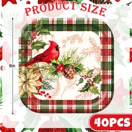 AnyDesign 40Pcs 9 Inch Christmas Plates Merry Christmas Disposable Paper Plates Buffalo Plaid Xmas Cardinal Bird Pine Cone Party Plates for Holiday Party Dinner Tableware Supplies Decor