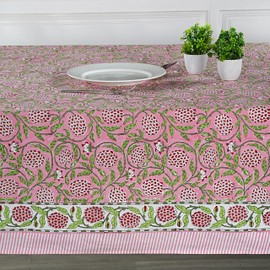 Ridhi Hand Block Print Strawberry Pink Cotton Tablecloth, Washable Reusable Boho Floral Table Cover for Dining, Wedding, Holiday Everyday Decor Thanksgiving, Square 60x60 Inches