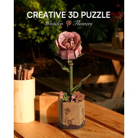 ROBOTIME 3D Puzzles Wooden Flower Pink Rose DIY Model Building Kit to Build for Adults Artifical Bouquet Botanical Collection Craft Brain Teaser Puzzle Creative Gift Home Decor