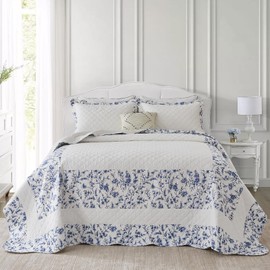 CozyStitch Lightweight Bedspread 102"x120" Oversized Queen Bedspread, 100% Cotton Oversized Queen Quilt with 2 Pillow Shams, Floral Botanical Quilted Bedspreads Coverlet Set, White/Blue, 3 Pcs