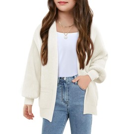 Girls Long Sleeve Cardigan Casual Open Front Lantern Sleeve Smoke Cuff Knit Sweater with Pockets for Kids 5-14 Years Beige