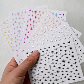 6 Sheets Star Nail Art Stickers Decals, 3D Star Nail Art Supplies Self Adhesive Cute Nail Stickers Glitter Stars Nail Decals Gold Silver Black Colorful Nail Art Design DIY Decoration Accessories