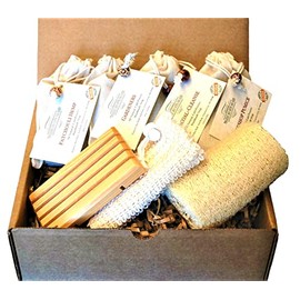 Hand made soap Gift box, your choice of 4 bars cold process soap, Sisal soap bag, wood soap dish, 4" natural Luffa great for a housewarming.