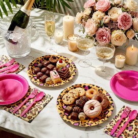 Uiifan 144 Pcs Pink Cheetah Print Party Supplies - Disposable Leopard Birthday Themed Tableware Set for 24 Guests with Plate Plastic Spoons Forks Knives Napkins, Jungle Animal Birthday Cheetah Theme