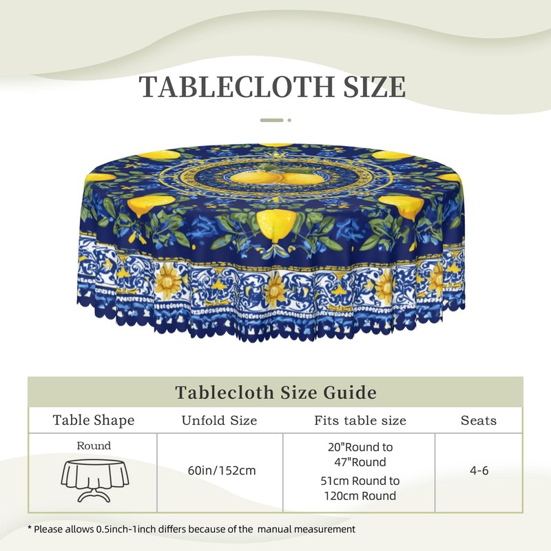 Ecixzyo Lemon Round Tablecloth 60 Inch Polyester Washable Table Cover