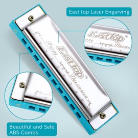 East top Harmonica, Diatonic 10 Holes C Key, Blues, for Beginner, Kids, Children, Students, Gift, with Case, Clean Cloth and Manual