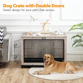 HOOBRO Dog Crate Furniture, 38.6" Large Dog Kennel Indoor, Wooden Cage with Pull-Out Tray, Double Doors Pet House Side End Table for Large/Medium/Small Dogs, Greige BG982GW03