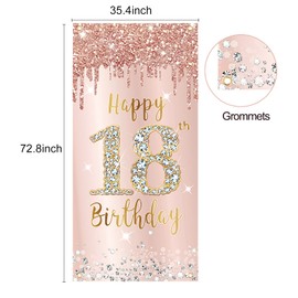 Happy 18th Birthday Door Banner Backdrop Decorations for Girls, Pink Rose Gold 18 Birthday Party Door Cover Sign Supplies, Eighteen Year Old Birthday Poster Background Photo Booth Props Decor