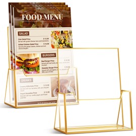Fuyoooo 2 Pcs Gold Glass Brochure Holder Stand 8.5 x 11 Inches Acrylic Flyer Trifold Holder Display Business Pamphlets Booklets for Brochures Magazines Literatures Display Office Tabletop Trade Show