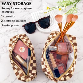 ZLFSRQ 2Pcs Checkered Makeup Bag for Women Travel Medium Small Cosmetic Bag Set Cute Makeup Pouch Purse Zippered Toiletry Bag Organizer Preppy Y2K Trendy Aesthetic Makeup Brushes Storage Bag(Brown)