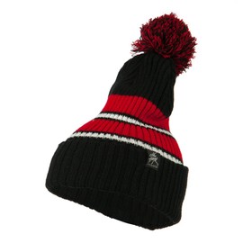 City Hunter Two Tone Striped Knit Pom Beanie - Black Red OSFM