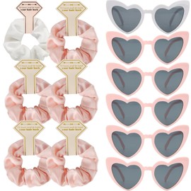 Clcnsusilk Satin Bridesmaid Proposal Gifts Scrunchies Bachelorette HairTies Set of 6 sunglasses Bridal Shower No Damage Hair ties ideas Gift for Wedding Party Favors (White&Pink)