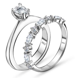 Solid Genuine 925 Sterling Silver Cubic Zirconia Bridal Rings Sets Pear Brilliant Cut CZ Engagement Rings Wedding Band For Women (Ring Set H, 10)