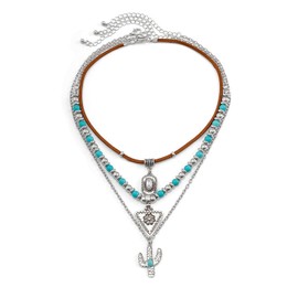 Western Turquoise Layered Chain Necklaces,Retro Imitation Turquoise Collarbone Chain,Boho Layered Necklaces,Bull Head Necklace Country Concert Accessories Outfits Jewelry Gifts for Women Cowgirls