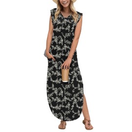 DouBCQ Women Summer Casual Maxi Dress V Neck Beach Dresses Cap Sleeve Split Dress with Pockets (White Flower Black, XXL)
