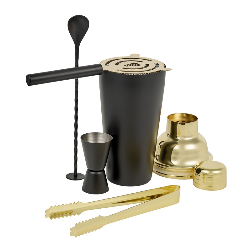 Homiu Cocktail Shaker Set Black and Gold 5-Piece, Stainless Steel
