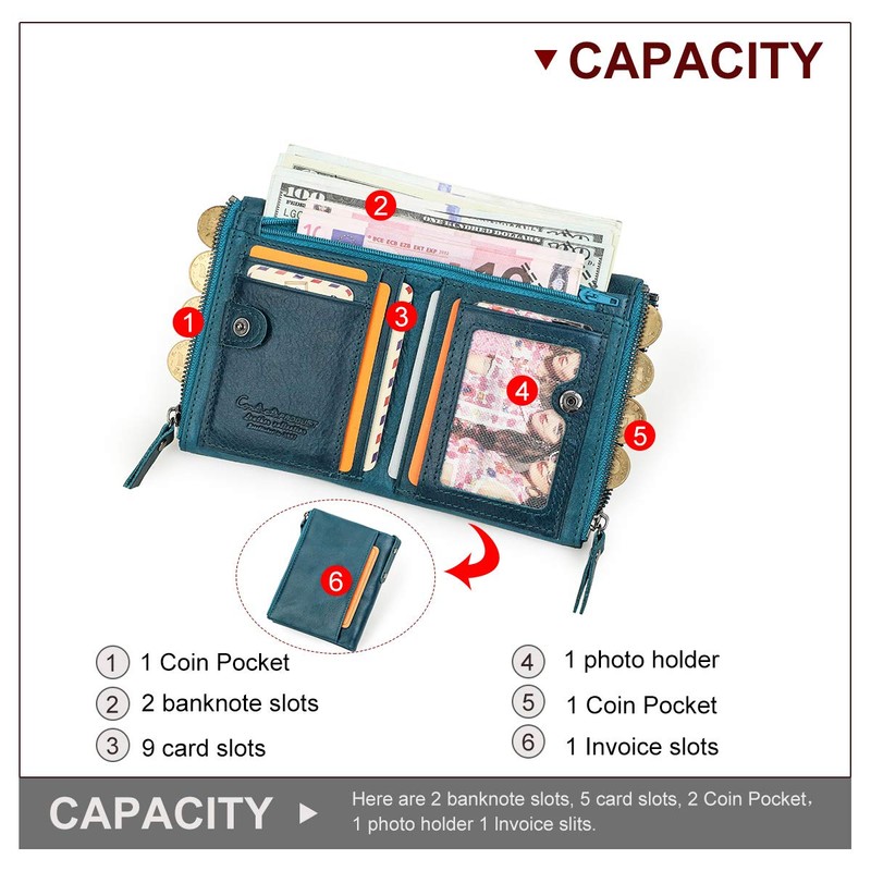 Contacts Men's Genuine Leather Bifold Wallet Double Zip Pocket Purse,