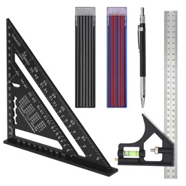 Carpenter's Square 180 mm, Combination Angle 300 mm, Carpenter's Square Set, Metric Triangle Ruler Made of Aluminium, Carpenter's Pencil Set with 24 Refills for Carpenters, Roofers, Engineers