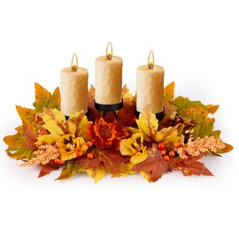 Thanksgiving Table Centerpiece Decorations Centerpiece with 3 Candle Holders Fall Maple Leaves Autumn Harvest Candleabrum for Tabletop Display Table Display Kitchen Thanksgiving Fireplace Decor ﻿