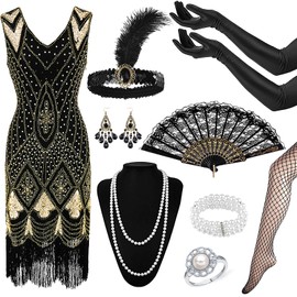 1920s Flapper Accessories Set, Great Gatsby Costume Set Roaring 20's Theme Outfit with Sequin Fringed Beaded Dress Headband Gloves 20s Vintage Accessories for Women Ladies-XXL