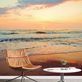 SIGNWIN Removable Wall Sticker/Wall Mural Pastel Orange Sunset Sky Beach Ocean Nature Wilderness Photography Realism Decorative Landscape Colorful Rustic for Living Room, Bedroom, Office - 100"x144"