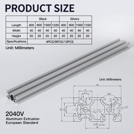 4pcs 1500mm V Slot 2040 Aluminum Extrusion European Standard Anodized Linear Rail for 3D Printer Parts and CNC DIY Silver