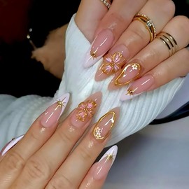 ASOMI 24 Pcs French Tip Embossed Flower Design Almond Shape Medium False Nails White French False Nails With Glue