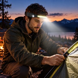Rechargeable LED Headlamp for Camping & Outdoor Activities – 230° Wide Beam with Motion Sensor for Hands-Free Lighting