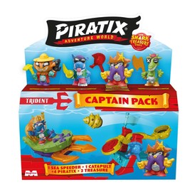 PIRATIX ADVENTURE WORLD Shark Treasure Series, Captain Pack, Anchor with 4 Piratix, 1 Golden Captain, 4 Inch Crystals, Sea Speeder, Catapult, 2 Crystal Effect Flags, Pack of 5/6