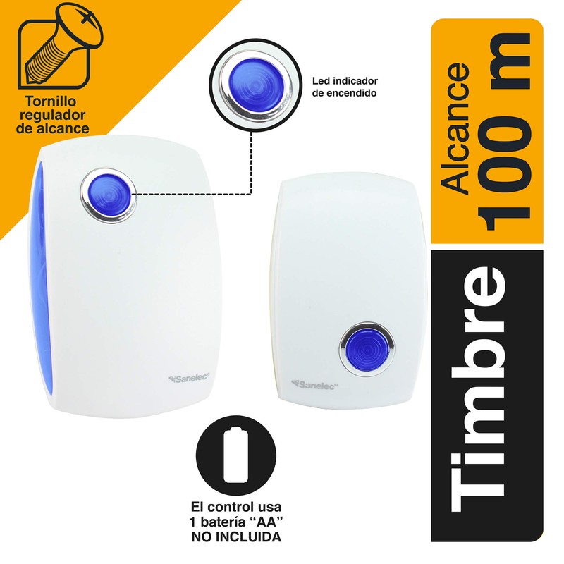 Sanelec 2643 Timbre Inalámbrico con Clavija, 32 Melodias, LED Indicador