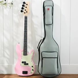 Best Choice Products Full Size Beginner 4-String Electric Bass Guitar, Wooden PB-Style Bass Starter Set w/Padded Carrying Case - Pink/Mint