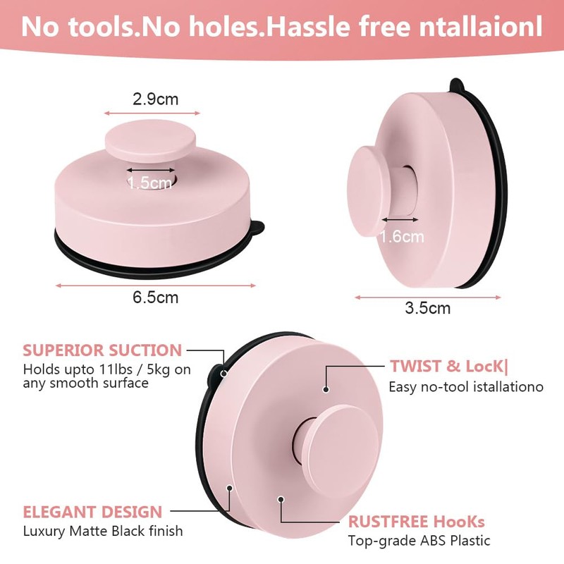 flintronic Pack of 2 Pink Wall Hooks, Suction Cups, Suction