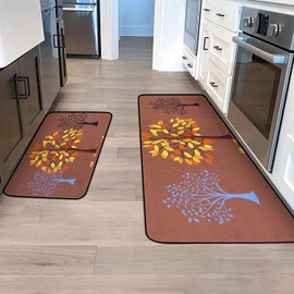 QH Kitchen Rug Sets 2 Pieces Non Slip Rugs Mats Runner Rug 17"x48"+17"x24" Washable for Floor Hallway Laundry Room Doormat Standing Mat Carpet Trees