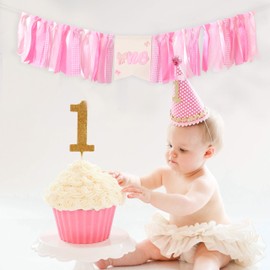 Pink First Birthday High Chair Banner, One Year Celebration Decoration with Bow Design, Fabric Garland