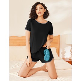 Ekouaer Womens Pajama Sets Color Block Short Sleeve Sleepwear Soft Pjs Sets Summer 2 Piece Lounge Set with Pockets, Black with Grey Piping, Large