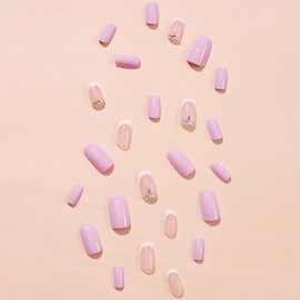 Bling French Tip Press on Nails Medium Length, Pink Fake Nails with Rhinestones Novel Designs False Nails with Glue Artificial Nails Glossy Glue on Nails Square Stick on Nails For Women Girls 24Pcs