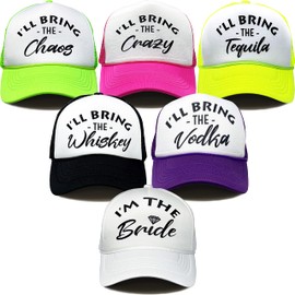 Funky Junque Neon Party Trucker Hats - Funny Foam Mesh Snapback Caps for Bachelorette Parties, Girls Weekend Trips, Birthdays, Festivals & Bride Crew Gifts - 6 Pack - Bach Party #1