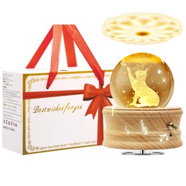 MJKOPEE Music Box Crystal Ball with Light, 3D Music Boxes 360° Rotating Wooden Base, Musical Box for Children/Adult/Mum/Mother's Day/Birthday/Christmas Memorial Gifts (Cat)