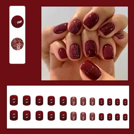 Wine Red Press on Nails Short Square Fake Nails Dark Red False Nails Press ons with Gold Glitter Designs Full Cover Glossy Artificial Nails for Women Decorations 24 Pcs