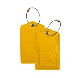 Bookjah Luggage Tags for Backpack, Suitcase & Travel Bags - Leather Keychain Tag with Stainless Steel Ring & Address Card - Durable Airplane Luggage Tags for Men & Women (Mustard Yellow)