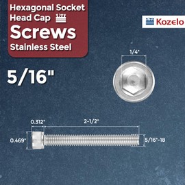 Kozelo 10pcs Socket Head Cap Screws - [5/16"-18 x 2-1/2"] UNC 304 Stainless Steel Allen Socket Drive for Electrical Motor 3D Printing Fan Engine Replacement Use, Silver