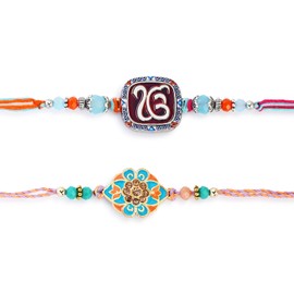 Set of 2 Rakhi for Brothers with Raksha Bandhan Greeting Card & Roli Chawal Tika | Premium Ek Onkar Rakhi for Brother | Fancy Designer Om Rakhi for Small Brother Bhaiya | Rakhi Thread TRBRK25013