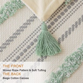 BUIOVBEY Boho Throw Pillow Covers 18x18 Set of 2 Woven Tufted Farmhouse Pillows Cover with Tassels Textured Striped Cushion Case Neutral Pillow Cases Decorative Pillowcase for Couch, Bed, Light Green